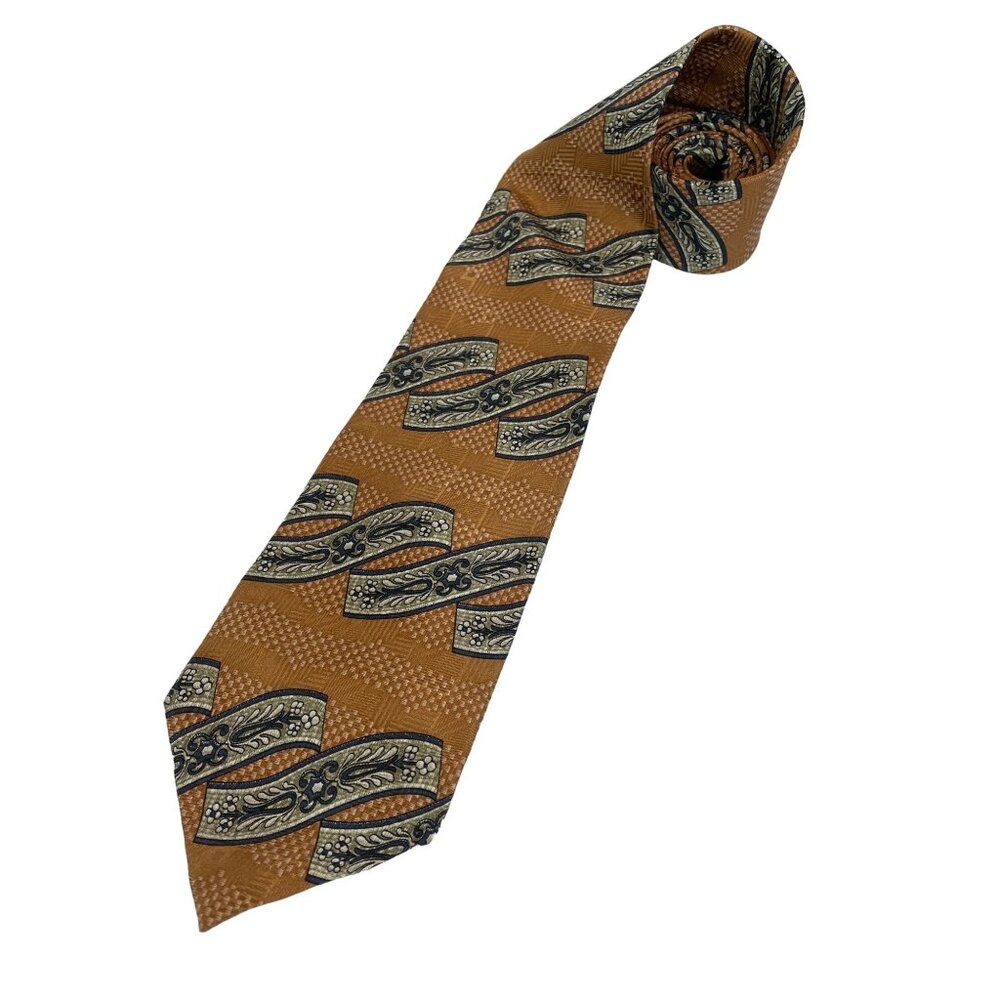 Vintage 80s 90s Cellini Men's Necktie Silk Tie Mustard Sage Navy Floral Wide